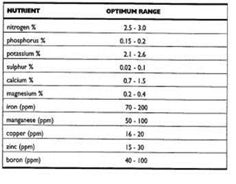Optimum leaf nutrient levels (Reuter Robinson, 1986)